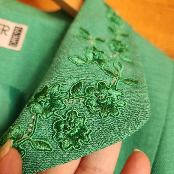 Kasper 2Piece Vintage Skirt Suit Blazer Jacket Green Bead Floral Embroider Sz 14 - Picture 3 of 13